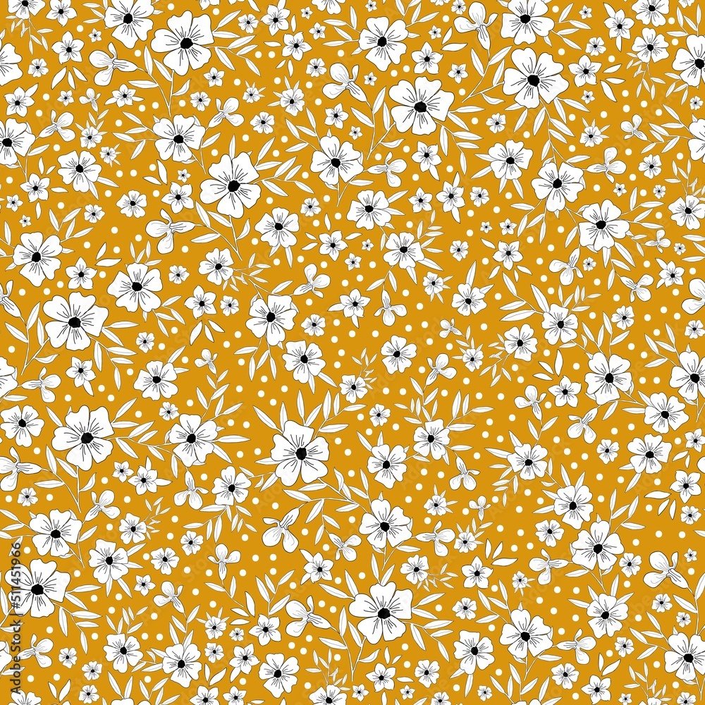 Simple vintage pattern. white flowers , leaves and dots . Orange background. Fashionable print for textiles and wallpaper.