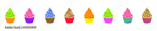 set of colorful vector cupcakes isolated on white background