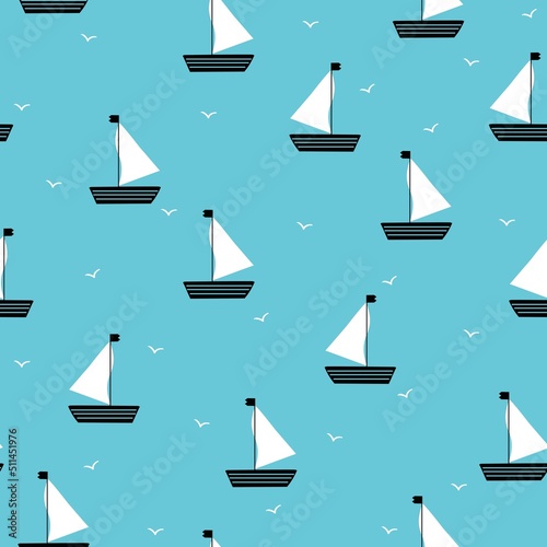 Seamless vector pattern of boats and seagulls. bright blue  background. fashionable marine print for textiles, wallpaper and packaging.