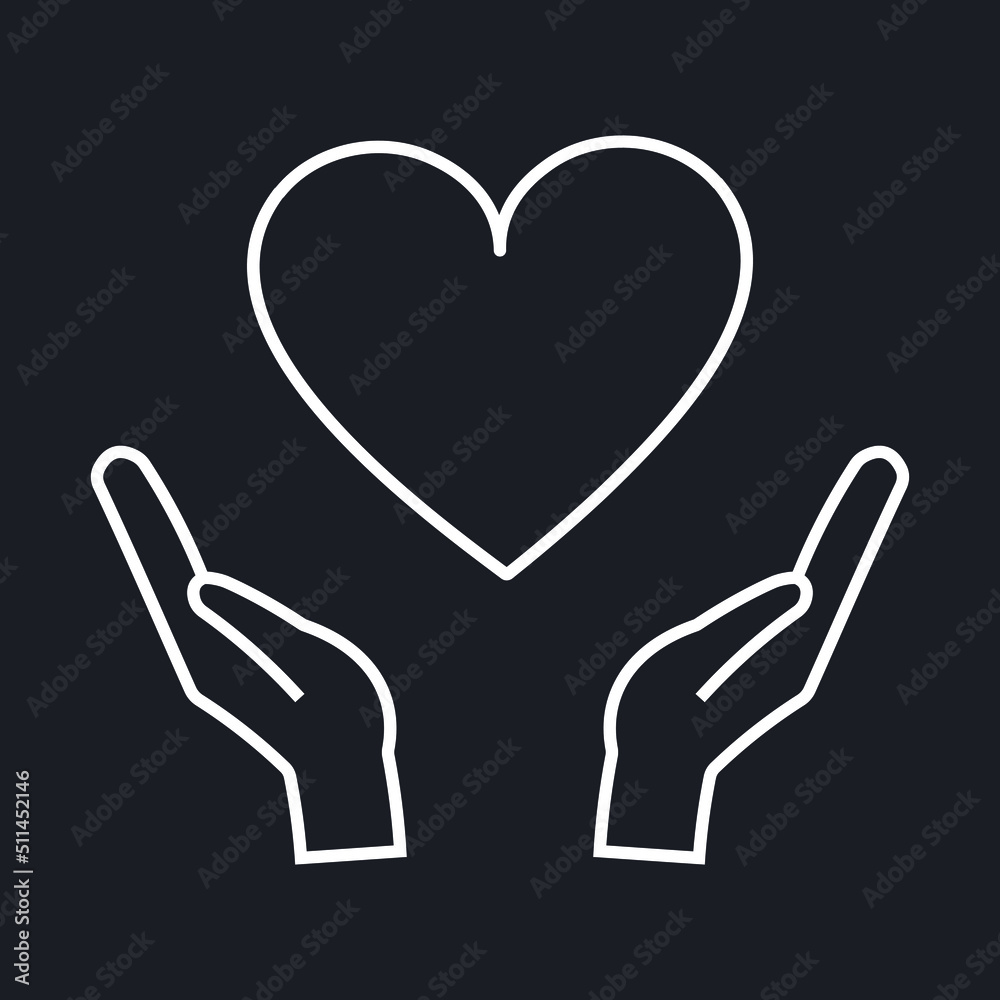 The heart is drawn with a white outline on a black background in the hands of people. Support and love. Vector. The heart is drawn with a white outline on a black background in the hands of people. Support and love. Vector.