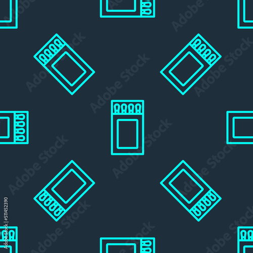 Green line Open matchbox and matches icon isolated seamless pattern on blue background. Vector