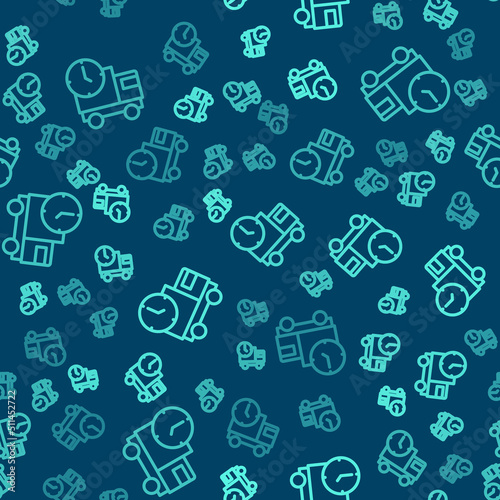 Green line Logistics delivery truck and time icon isolated seamless pattern on blue background. Delivery time icon. Vector