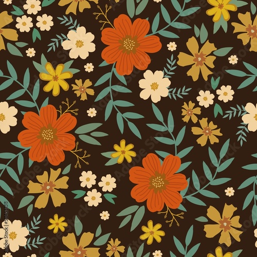 Simple vintage pattern. Orange and yellow  flowers  green  leaves. Brown background. Fashionable print for textiles and wallpaper.