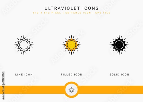 Ultraviolet icons set vector illustration with solid icon line style. Sunscreen protection concept. Editable stroke icon on isolated white background for web design, user interface, and mobile app
