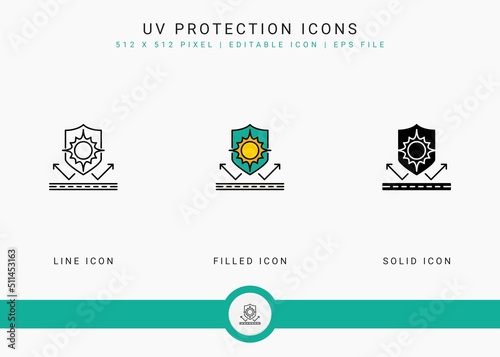 UV protection icons set vector illustration with solid icon line style. Sunscreen shield concept. Editable stroke icon on isolated white background for web design, user interface, and mobile app