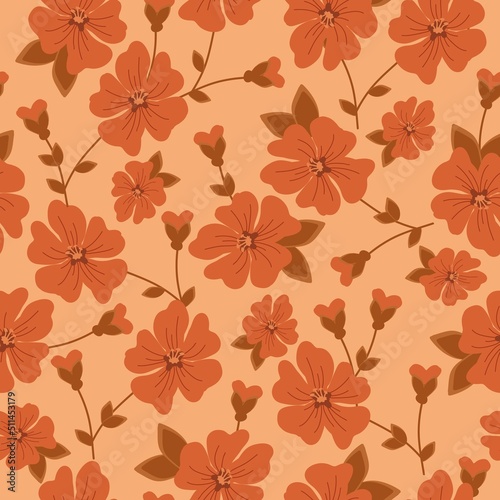 Simple vintage pattern. orange flowers and brown leaves. light orange background. Fashionable print for textiles, wallpaper and packaging.