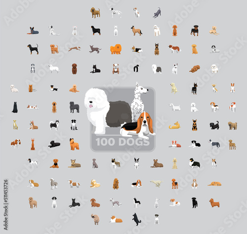 One Hundred Dogs Cartoon Vector Illustration Set