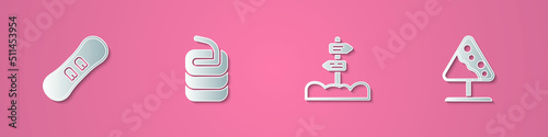 Set paper cut Snowboard, Stone for curling, Road traffic signpost and avalanches icon. Paper art style. Vector