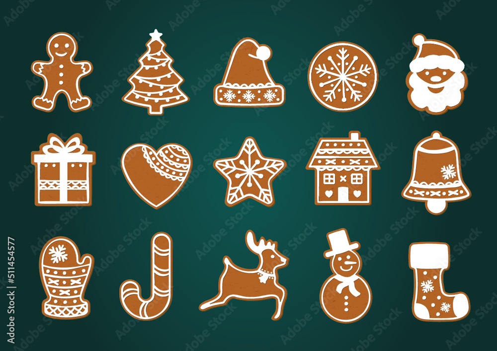 Biscuits pain d'épices pour Noël. Cookies de noël. Illustrations vectorielles isolées avec Père Noël, renne, flocon, sapin, bonhomme de neige, bonbons, cadeau, coeur... Emporte pièce Biscuits pain d'épices pour Noël. Cookies de noël. Illustrations vectorielles isolées avec Père Noël, renne, flocon, sapin, bonhomme de neige, bonbons, cadeau, coeur... Emporte pièce