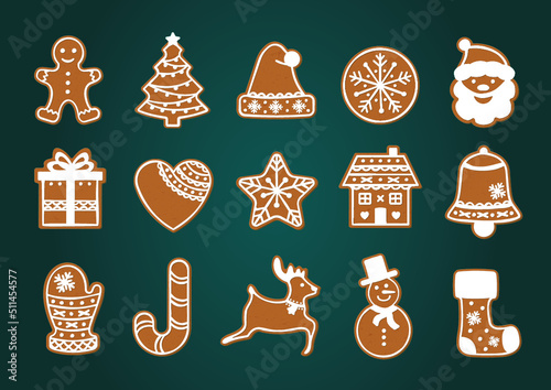 Biscuits pain d'épices pour Noël. Cookies de noël. Illustrations vectorielles isolées avec Père Noël, renne, flocon, sapin, bonhomme de neige, bonbons, cadeau, coeur... Emporte pièce