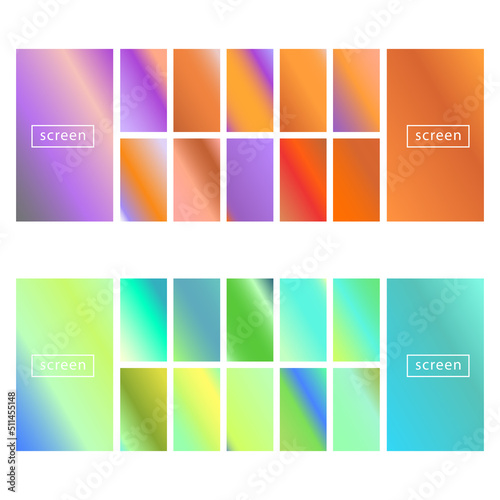 Mobile screen lock display collection of colorful backgrounds in trendy neon colors. Modern screen vector design for mobile app. Soft color abstract pastel holographic gradients. Swatches for design