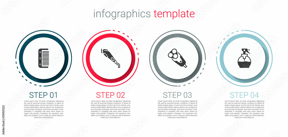 Set Hairbrush, Electrical hair clipper, razor blade and Hairdresser pistol spray bottle. Business infographic template. Vector Set Hairbrush, Electrical hair clipper, razor blade and Hairdresser pistol spray bottle. Business infographic template. Vector