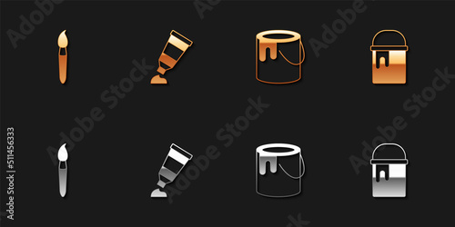 Set Paint brush, Tube with paint palette, bucket and icon. Vector