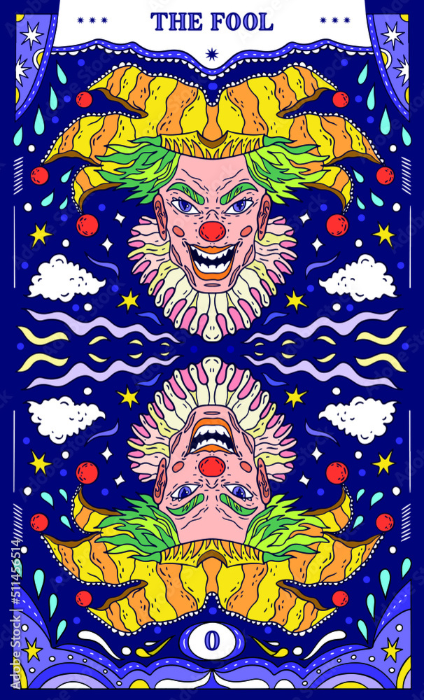 Tarot card in psychedelic colors. A modern illustration of the magic card The Fool