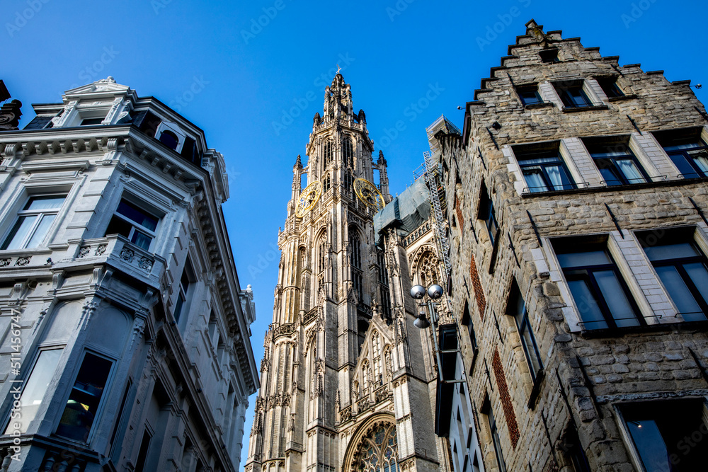 Our Lady's cathedral spire and buildings, Antwerp, Belgium. 26.05.2018