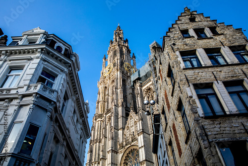Our Lady's cathedral spire and buildings, Antwerp, Belgium. 26.05.2018