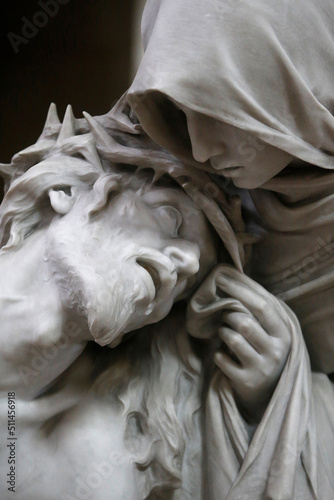 La Major cathedral, Marseille. Sta Veronica wiping Jesus's face, marble statue by Auguste Carli (1906). Detail. France. 22.03.2018