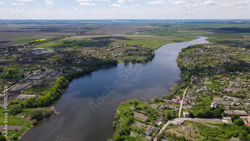 aerial view of the village and the river 