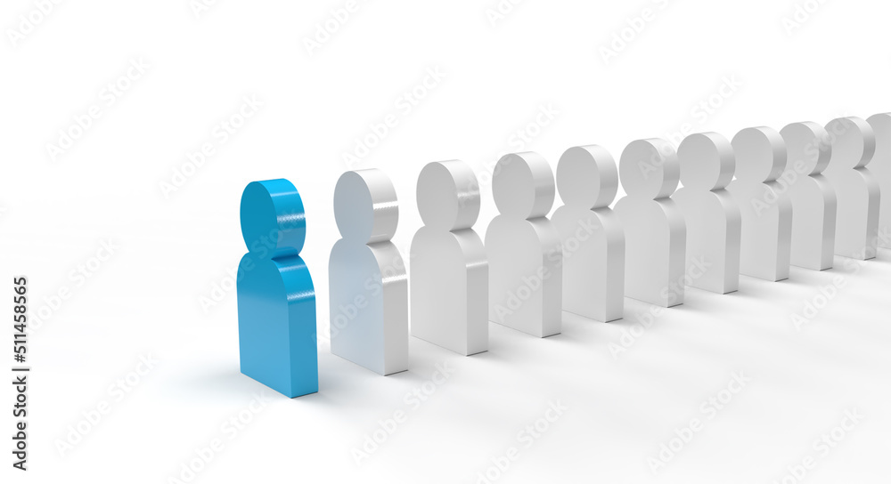 3d illustration Concept leader of the business team indicates the direction of the movement towards the goal. Crowd of white men goes for the leader of the blue color 3d illustration Concept leader of the business team indicates the direction of the movement towards the goal. Crowd of white men goes for the leader of the blue color