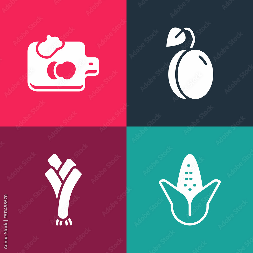 Set pop art Corn, Leek, Plum fruit and Cutting board with vegetables icon. Vector