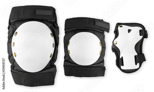 White black skateboard or inlane skating saftey equipment set like  wrist knee and elbow protector pads isolated background with clipping path photo