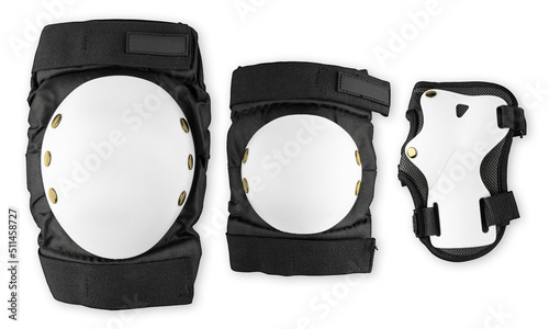 White black skateboard or inlane skating saftey equipment set like  wrist knee and elbow protector pads isolated background with clipping path