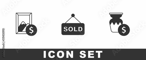 Set Auction painting, sold and ancient vase icon. Vector