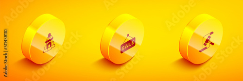 Set Isometric Auction auctioneer sells, Price tag with Sale and hammer icon. Vector
