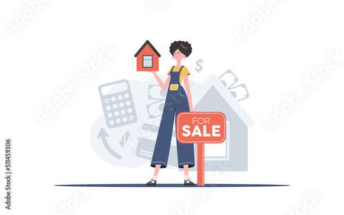 Fototapeta Naklejka Na Ścianę i Meble -  A girl with a for sale sign holds a small house in her hands. Real estate sale concept. trendy style. Vector illustration.