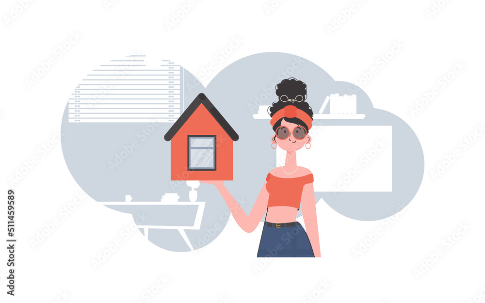 The girl is depicted waist-deep holding a small house in her hands. Selling a house or real estate. trendy style. Vector illustration. The girl is depicted waist-deep holding a small house in her hands. Selling a house or real estate. trendy style. Vector illustration.