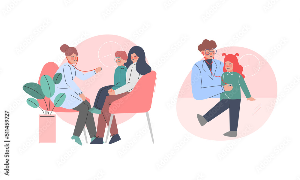 Man and Woman Doctor Pediatrician in Lab Coat Examining Little Kid in Hospital Vector Set Man and Woman Doctor Pediatrician in Lab Coat Examining Little Kid in Hospital Vector Set