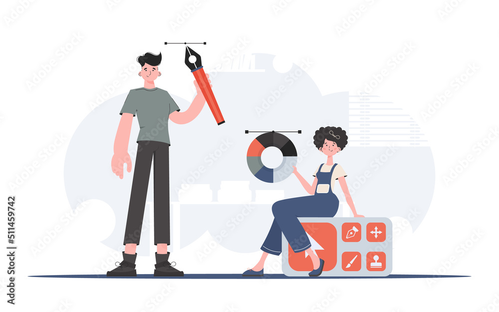 A man stands in full growth holding a pen tool with a woman sitting next to him. Design. Element for presentation.