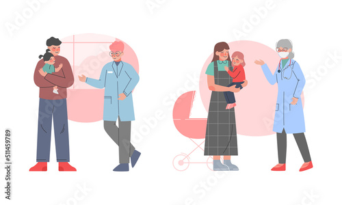 Man and Woman Doctor Pediatrician in Lab Coat Examining Little Kid in Hospital Vector Set