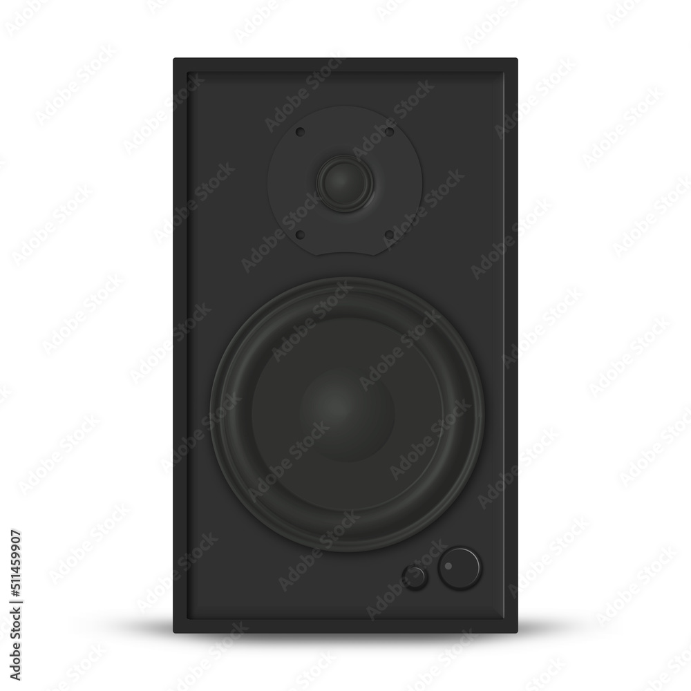 Photorealistic music loudspeaker front view, vector illustration. Photorealistic music loudspeaker front view, vector illustration.