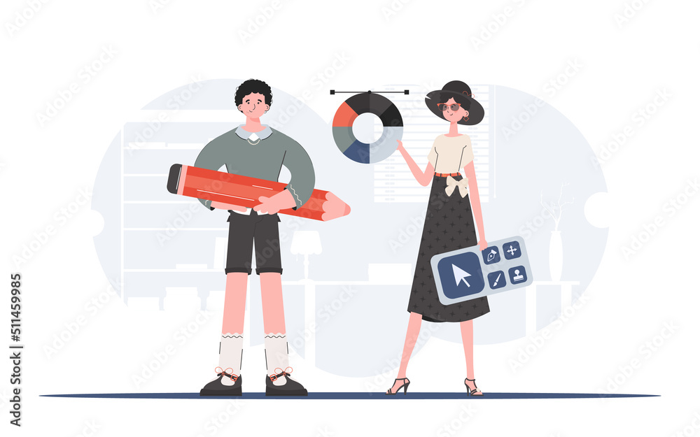 A man and a woman stand in full length and hold a designer's panel and a color palette. Design. Element for presentation.