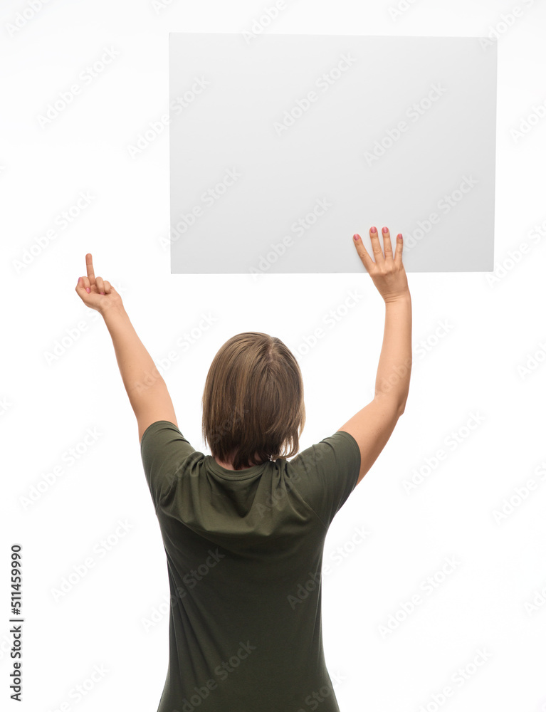 feminism and human rights concept - woman with poster protesting on demonstration and showing middle finger over white background feminism and human rights concept - woman with poster protesting on demonstration and showing middle finger over white background