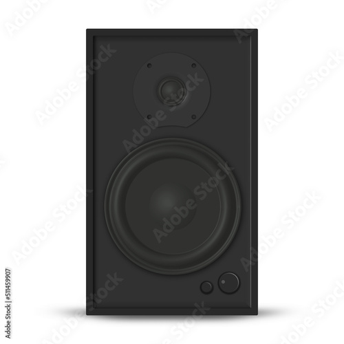 Photorealistic music loudspeaker front view, vector illustration.