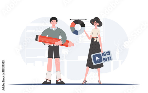 A man and a woman stand in full length and hold a designer's panel and a color palette. Design. Element for presentation.