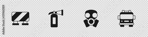 Set Road barrier, Fire extinguisher, Gas mask and truck icon. Vector