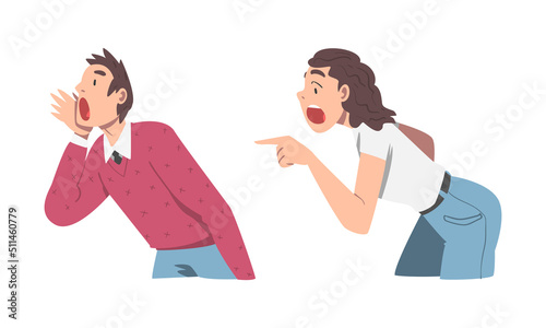 Man and Woman Character Holding Hand Near Mouth Shouting or Screaming Loud Vector Set