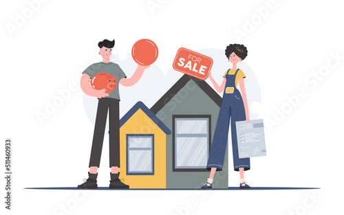 The guy is buying a house. Realtor with tabular for sale and document. The concept of buying real estate or an apartment. Trend vector illustration.
