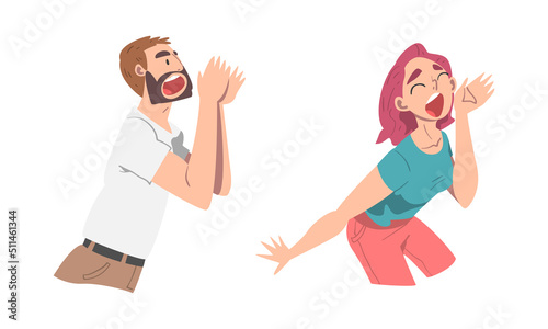 Man and Woman Character Holding Hand Near Mouth Shouting or Screaming Loud Vector Set