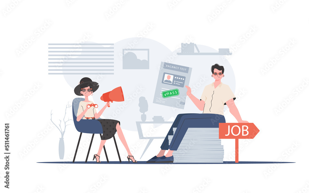 HR team. Girl with a mouthpiece. A man with a job test passed. Job search and human resource concept. Trend style, vector illustration.