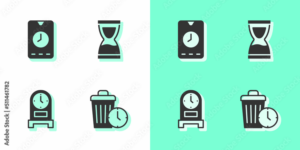 Set Waste of time, Alarm clock app mobile, Antique and Old hourglass icon. Vector Set Waste of time, Alarm clock app mobile, Antique and Old hourglass icon. Vector