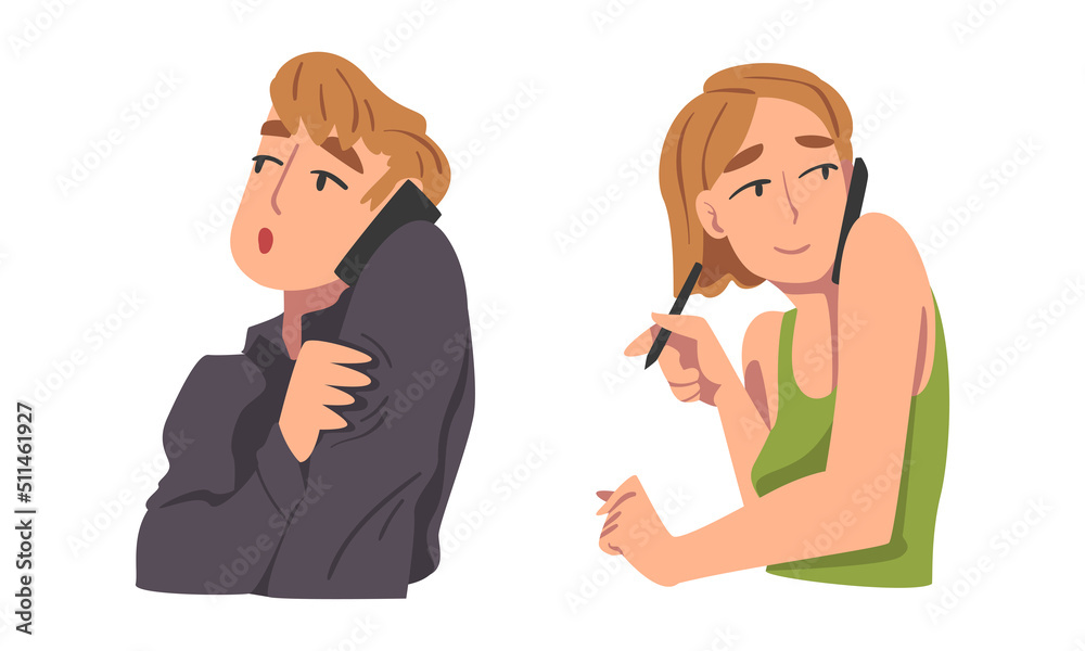 Man and Woman Character Speaking by Phone Having Dialogue via Mobile Gadget Vector Set Man and Woman Character Speaking by Phone Having Dialogue via Mobile Gadget Vector Set