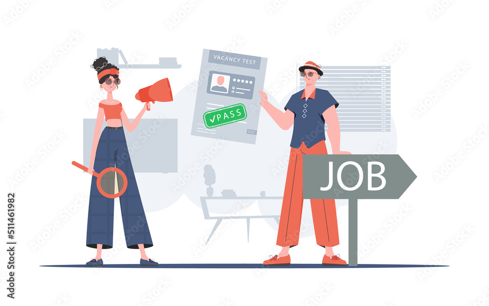 HR team. Girl with a mouthpiece. A man with a job test passed. Job search concept. Trend style, vector illustration.