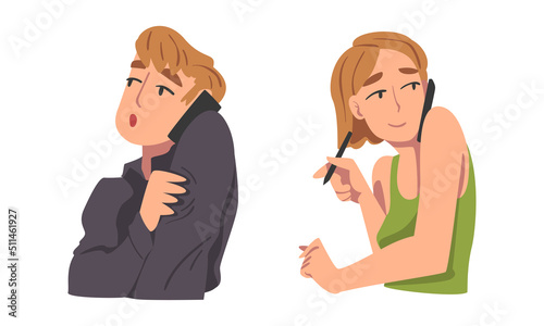 Man and Woman Character Speaking by Phone Having Dialogue via Mobile Gadget Vector Set