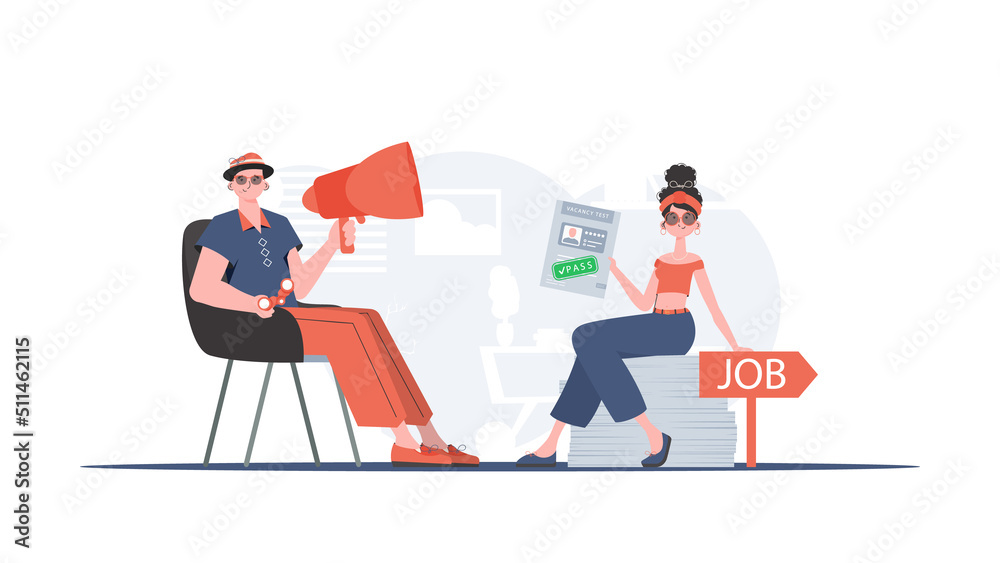 Man with a mouthpiece. A girl with a job test passed. Job search and human resource concept. Trend style, vector illustration.