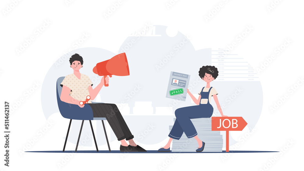 HR team. Man with a mouthpiece. A girl with a job test passed. Job search and human resource concept. Trend style, vector illustration.