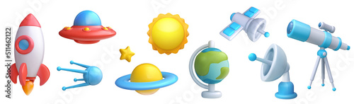 Set of 3d realistic cartoon space elements. Rocket, ufo, satellite, star, planet, sun, globe, radar, telescope. Collection glossy cute children objects in minimal style. Vector illustration.
